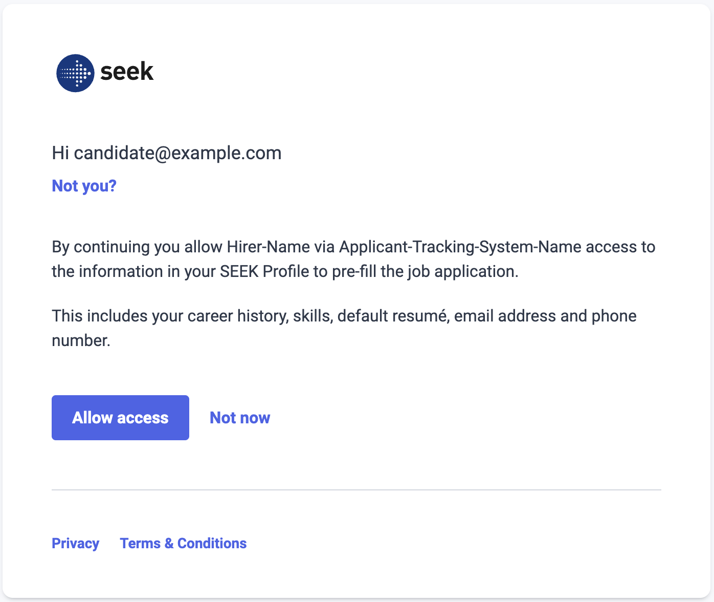 Apply with SEEK Authorization page